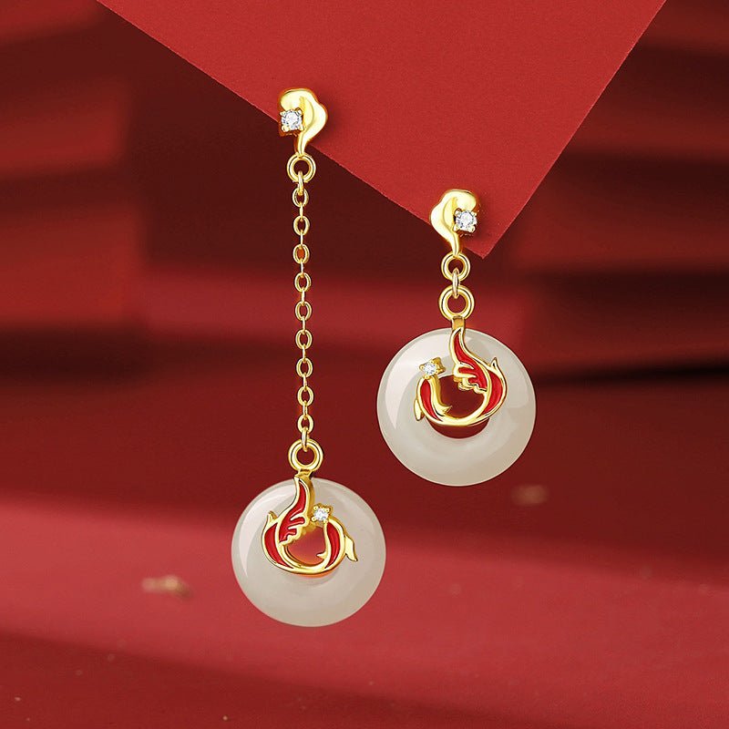 lucky koi fish ear studs for women - 925 silver hetian jade long earrings | star8s