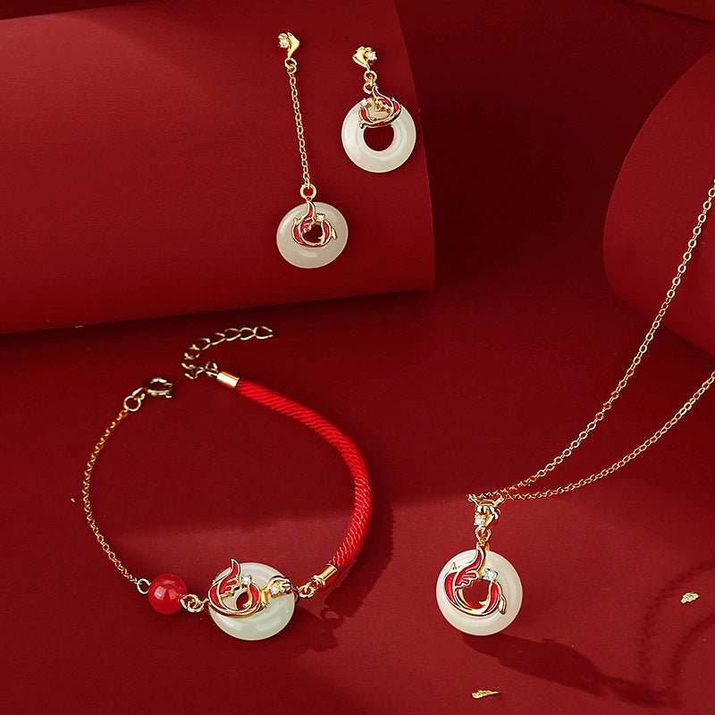 lucky koi fish ear studs for women - 925 silver hetian jade long earrings | star8s