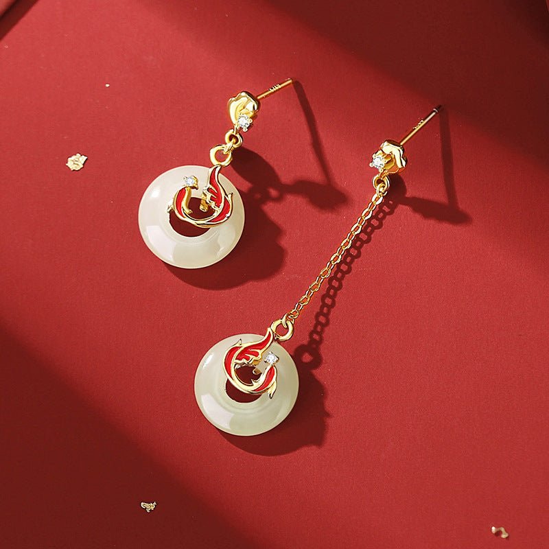 lucky koi fish ear studs for women - 925 silver hetian jade long earrings | star8s