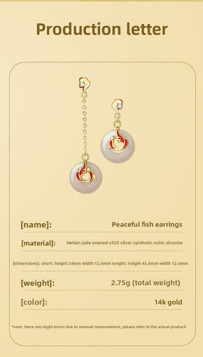 Lucky Koi Fish Ear Studs for Women - 925 Silver Hetian Jade Long Earrings | STAR8S