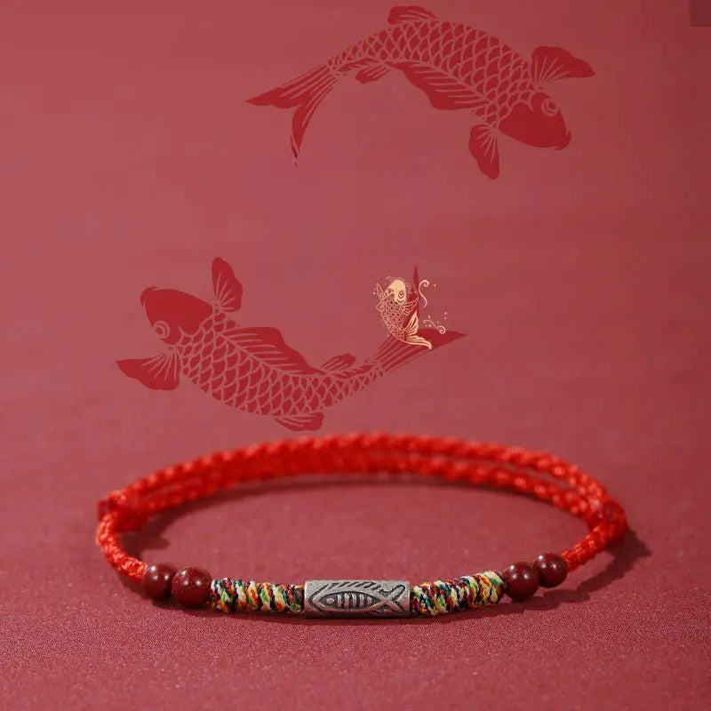 Lucky Koi Fish Red String Bracelet – Handmade, Natural Red Sandalwood, Year of Birth Protection - STAR8S