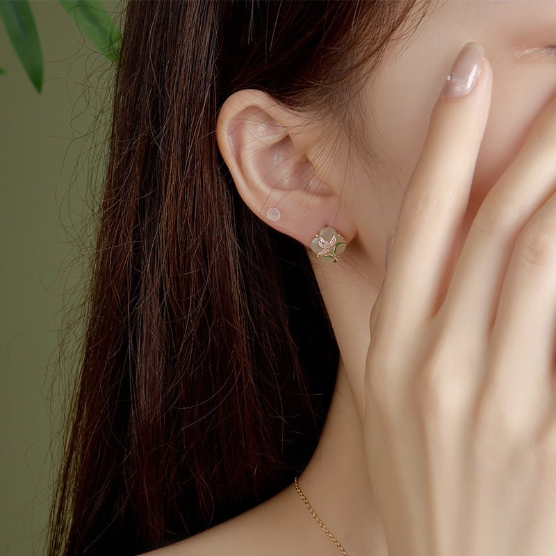Magnolia Clover Earrings Ear Studs - 925 Silver Hetian Jade New Chinese | STAR8S