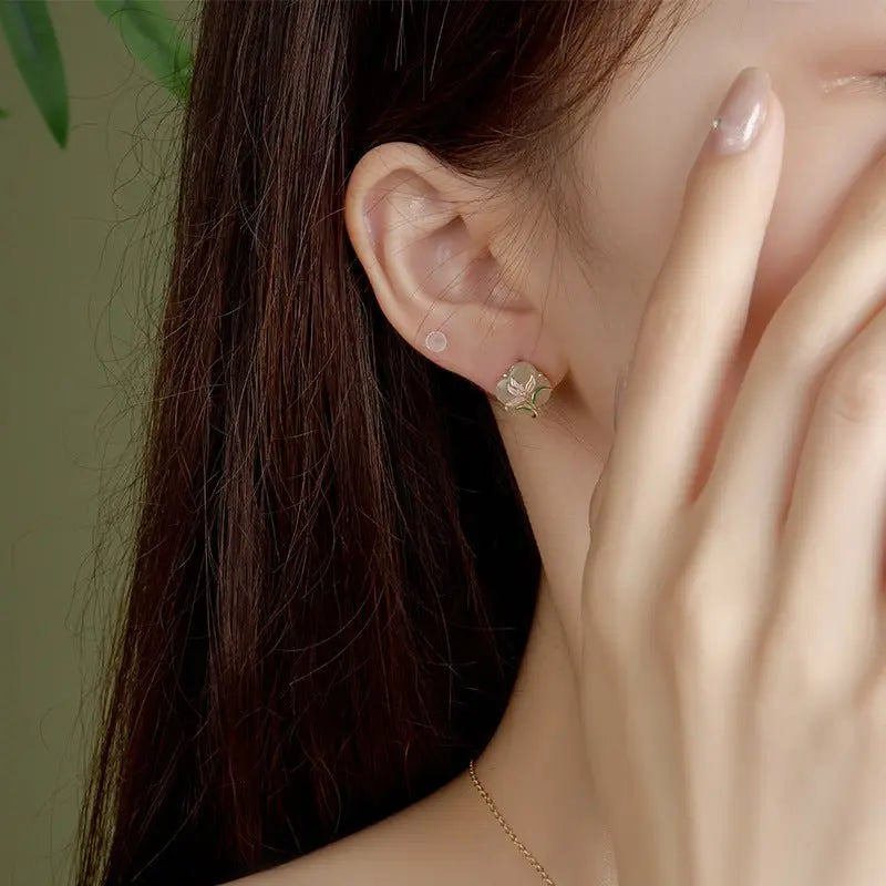 magnolia clover earrings ear studs - 925 silver hetian jade new chinese | star8s