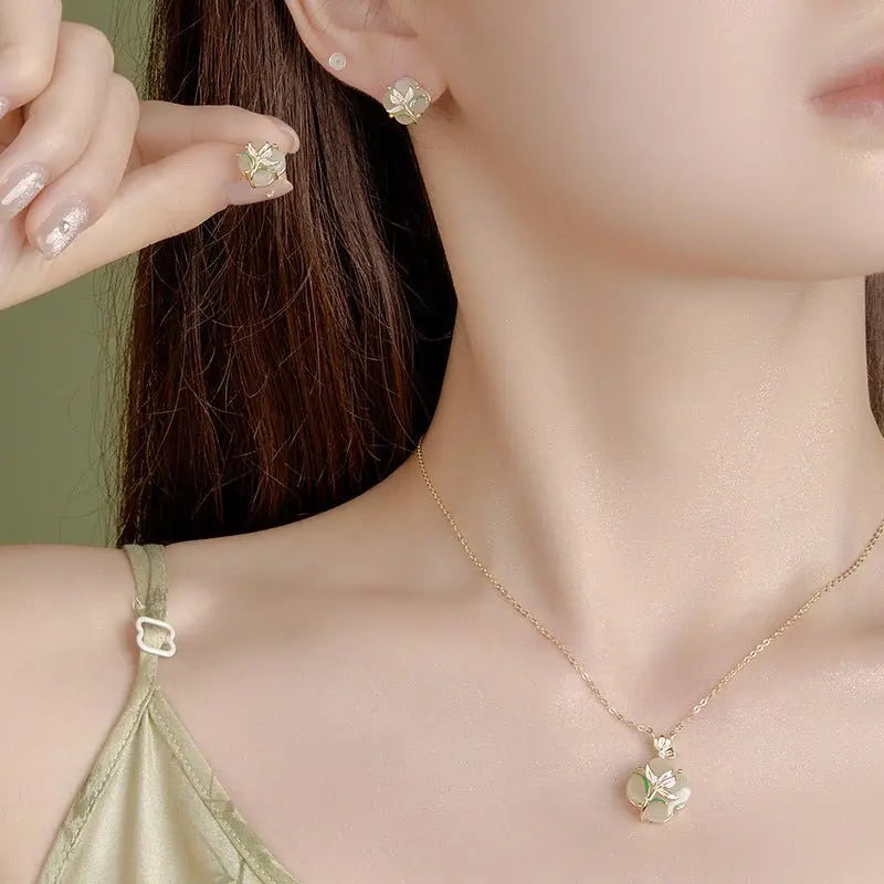magnolia clover earrings ear studs - 925 silver hetian jade new chinese | star8s