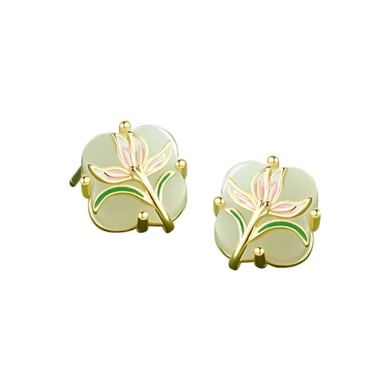 Magnolia Clover Earrings Ear Studs - 925 Silver Hetian Jade New Chinese | STAR8S