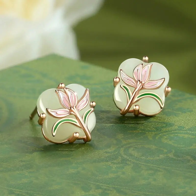magnolia clover earrings ear studs - 925 silver hetian jade new chinese | star8s