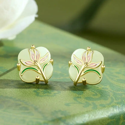 Magnolia Clover Earrings Ear Studs - 925 Silver Hetian Jade New Chinese | STAR8S
