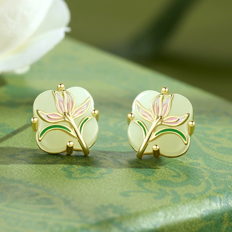 magnolia clover earrings ear studs - 925 silver hetian jade new chinese | star8s