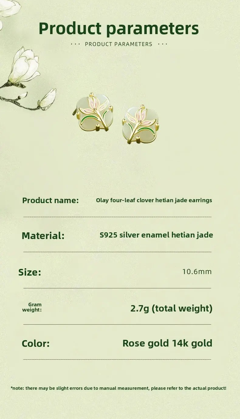 Magnolia Clover Earrings Ear Studs - 925 Silver Hetian Jade New Chinese | STAR8S