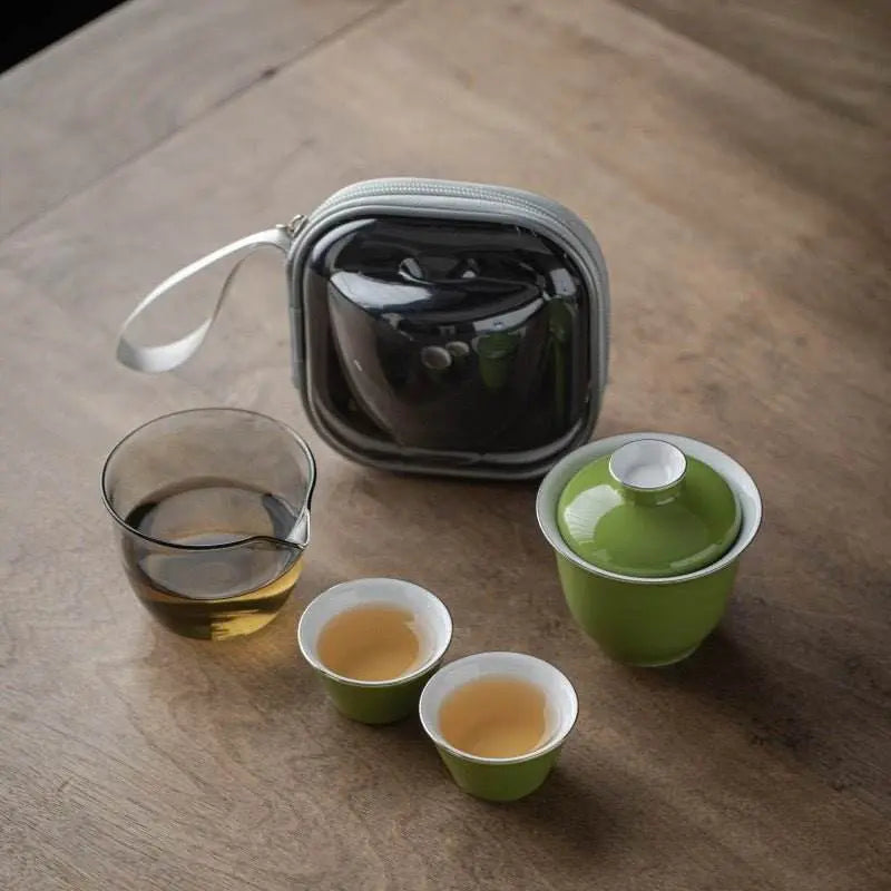 monochrome glaze gold tracing ceramic tea set portable travel one pot two cups - star8s