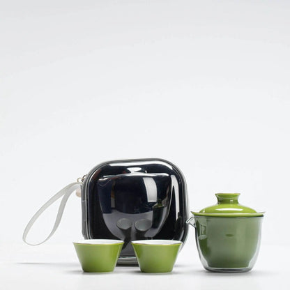 Monochrome Glaze Gold Tracing Ceramic Tea Set Portable Travel One Pot Two Cups - STAR8S