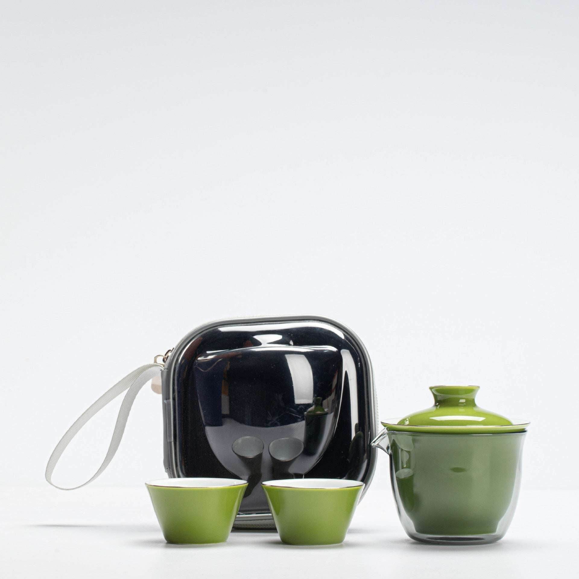 Monochrome Glaze Gold Tracing Ceramic Tea Set Portable Travel One Pot Two Cups - STAR8S