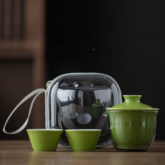 Monochrome Glaze Gold Tracing Ceramic Tea Set Portable Travel One Pot Two Cups - STAR8S