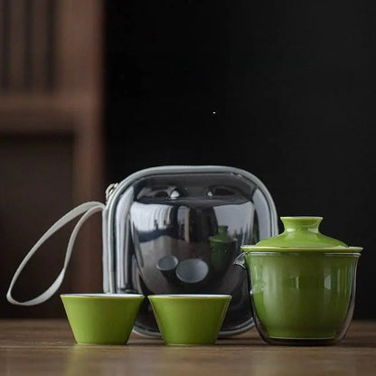 Monochrome Glaze Gold Tracing Ceramic Tea Set Portable Travel One Pot Two Cups - STAR8S