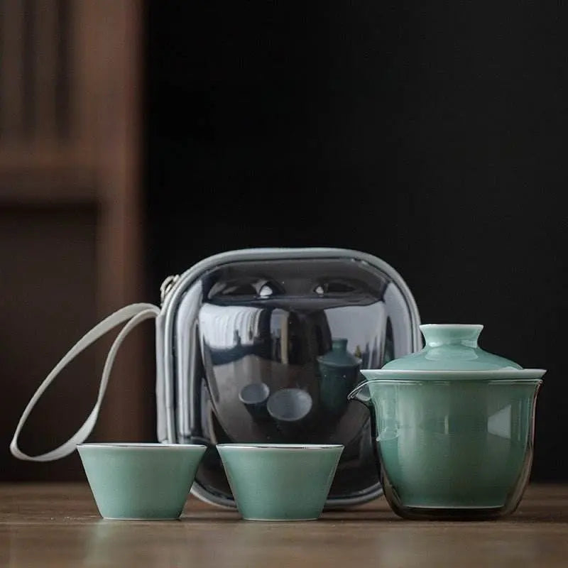 monochrome glaze gold tracing ceramic tea set portable travel one pot two cups - star8s