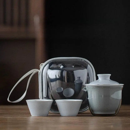Monochrome Glaze Gold Tracing Ceramic Tea Set Portable Travel One Pot Two Cups - STAR8S