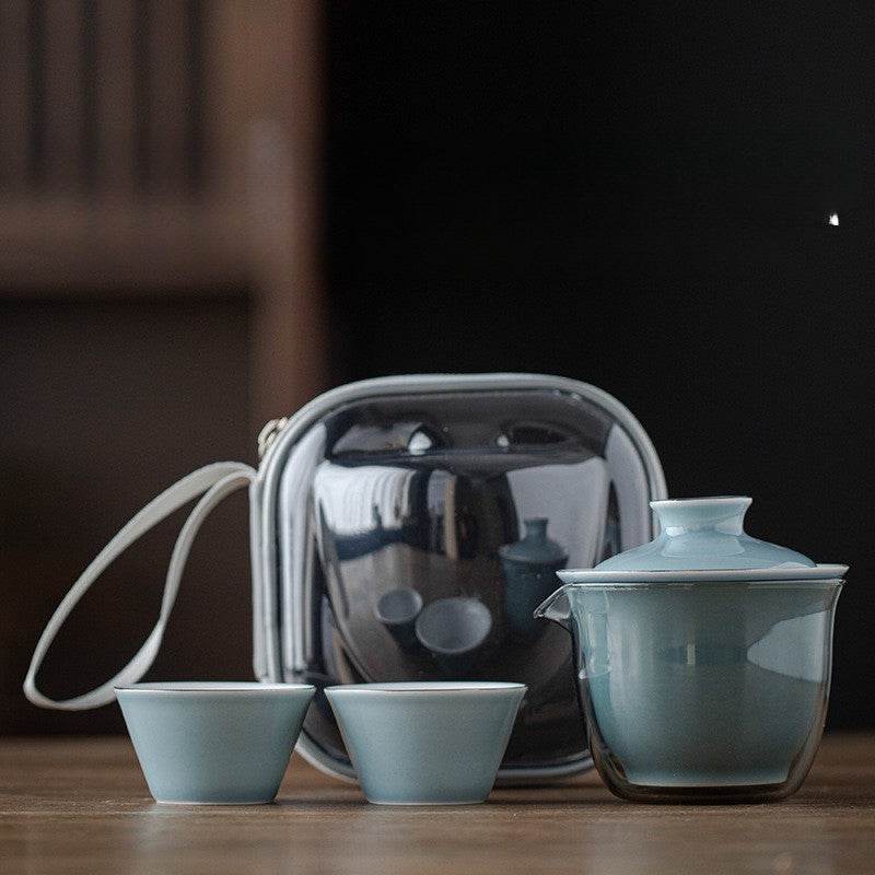 monochrome glaze gold tracing ceramic tea set portable travel one pot two cups - star8s