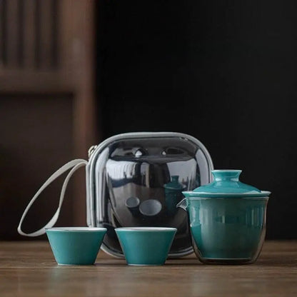 Monochrome Glaze Gold Tracing Ceramic Tea Set Portable Travel One Pot Two Cups - STAR8S