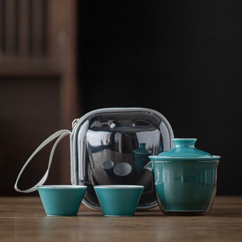 monochrome glaze gold tracing ceramic tea set portable travel one pot two cups - star8s