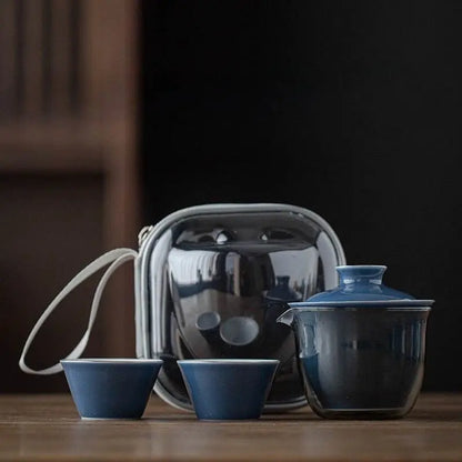 Monochrome Glaze Gold Tracing Ceramic Tea Set Portable Travel One Pot Two Cups - STAR8S