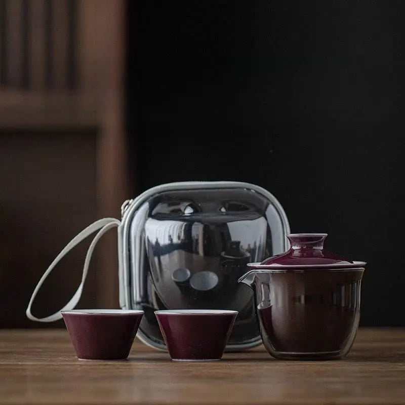 monochrome glaze gold tracing ceramic tea set portable travel one pot two cups - star8s