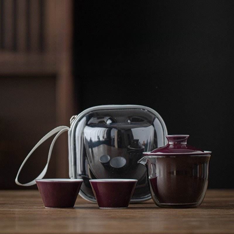 Monochrome Glaze Gold Tracing Ceramic Tea Set Portable Travel One Pot Two Cups - STAR8S