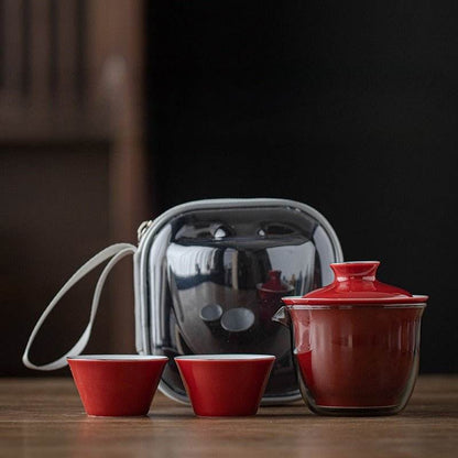 Monochrome Glaze Gold Tracing Ceramic Tea Set Portable Travel One Pot Two Cups - STAR8S