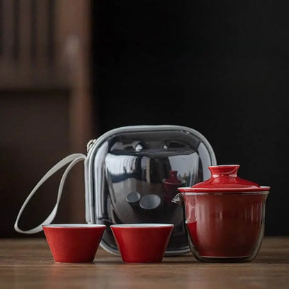 Monochrome Glaze Gold Tracing Ceramic Tea Set Portable Travel One Pot Two Cups - STAR8S