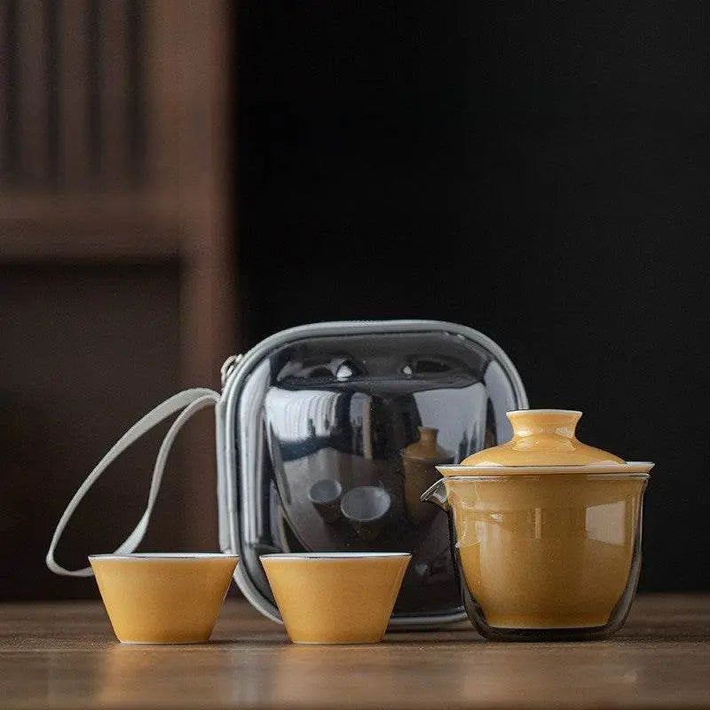 monochrome glaze gold tracing ceramic tea set portable travel one pot two cups - star8s