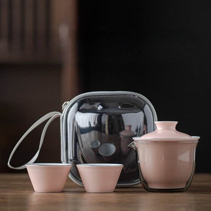 Monochrome Glaze Gold Tracing Ceramic Tea Set Portable Travel One Pot Two Cups - STAR8S