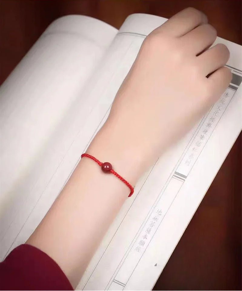 Natural Cinnabar Bead Red String Bracelet – Handwoven Slim Adjustable Wristband - STAR8S