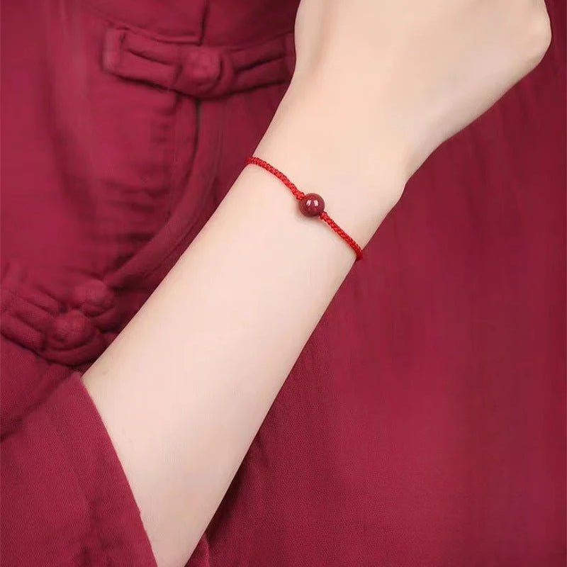 natural cinnabar bead red string bracelet – handwoven slim adjustable wristband - star8s