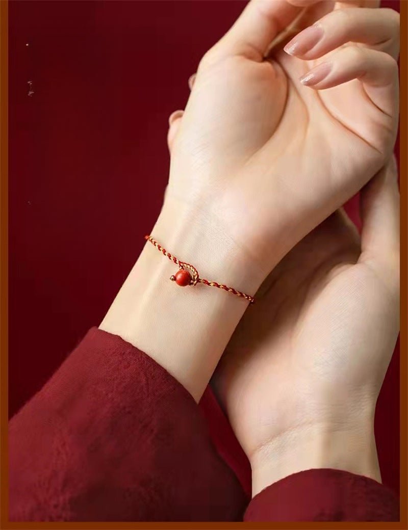 natural cinnabar bead red string bracelet – handwoven square knot adjustable lucky charm - star8s
