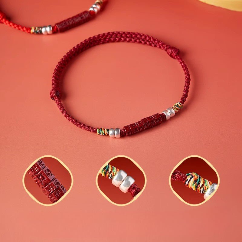 Natural Cinnabar Six Words Mantra Red String Bracelet with Pure Silver | Year of the Snake Gift for Women - STAR8S