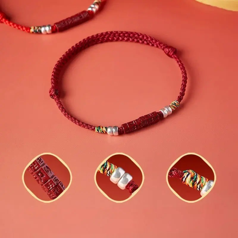 natural cinnabar six words mantra red string bracelet with pure silver | year of the snake gift for women - star8s