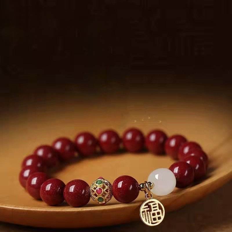 natural cinnabar & hetian jade bracelet with blessing plate, vintage - style jewelry - star8s