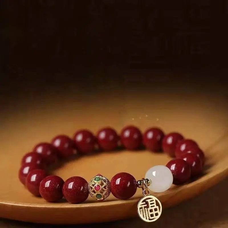 natural cinnabar & hetian jade bracelet with blessing plate, vintage - style jewelry - star8s