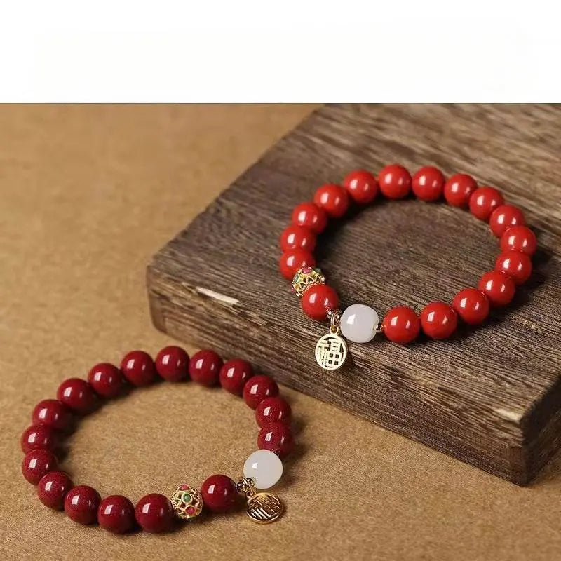natural cinnabar & hetian jade bracelet with blessing plate, vintage - style jewelry - star8s