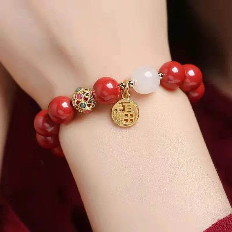 natural cinnabar & hetian jade bracelet with blessing plate, vintage - style jewelry - star8s