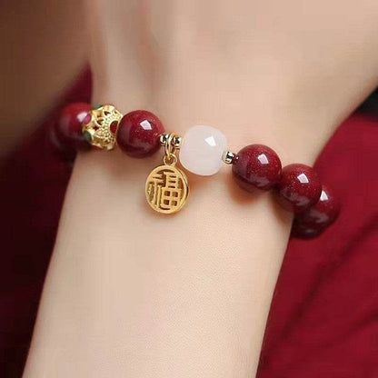Natural Cinnabar & Hetian Jade Bracelet with Blessing Plate, Vintage - style Jewelry - STAR8S