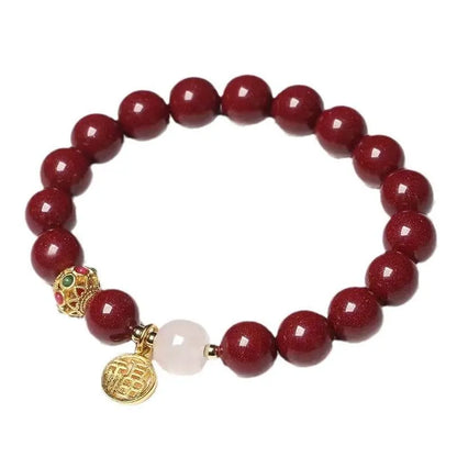 Natural Cinnabar & Hetian Jade Bracelet with Blessing Plate, Vintage - style Jewelry - STAR8S