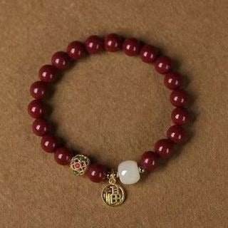 natural cinnabar & hetian jade bracelet with blessing plate, vintage - style jewelry - star8s