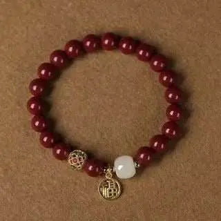 natural cinnabar & hetian jade bracelet with blessing plate, vintage - style jewelry - star8s