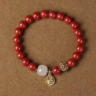 natural cinnabar & hetian jade bracelet with blessing plate, vintage - style jewelry - star8s