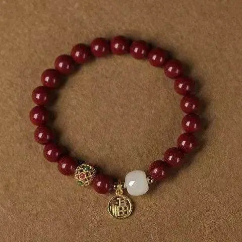 natural cinnabar & hetian jade bracelet with blessing plate, vintage - style jewelry - star8s