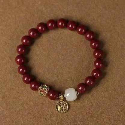 Natural Cinnabar & Hetian Jade Bracelet with Blessing Plate, Vintage - style Jewelry - STAR8S