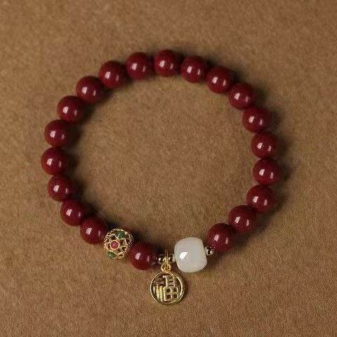 natural cinnabar & hetian jade bracelet with blessing plate, vintage - style jewelry - star8s