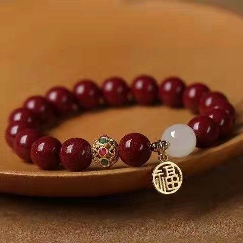 natural cinnabar & hetian jade bracelet with blessing plate, vintage - style jewelry - star8s