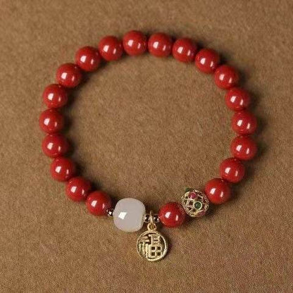 Natural Cinnabar & Hetian Jade Bracelet with Blessing Plate, Vintage - style Jewelry - STAR8S