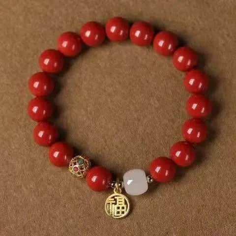natural cinnabar & hetian jade bracelet with blessing plate, vintage - style jewelry - star8s